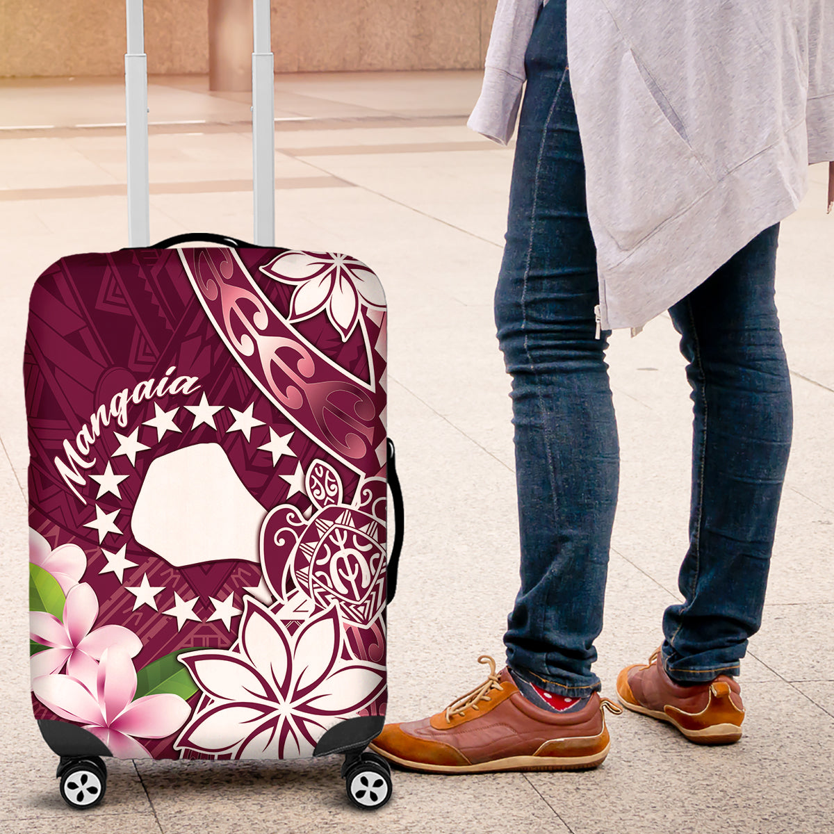 Cook Island Mangaia Gospel Day Luggage Cover Floral Tribal Pattern LT05 Maroon - Polynesian Pride