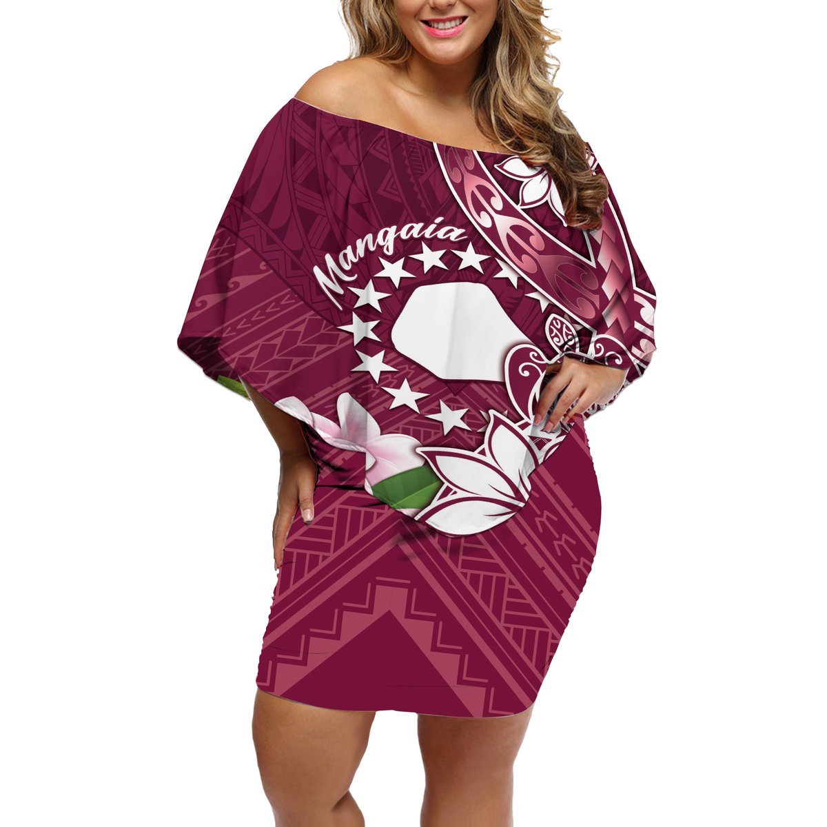 Personalised Cook Island Mangaia Gospel Day Off Shoulder Short Dress Floral Tribal Pattern LT05 Women Maroon - Polynesian Pride