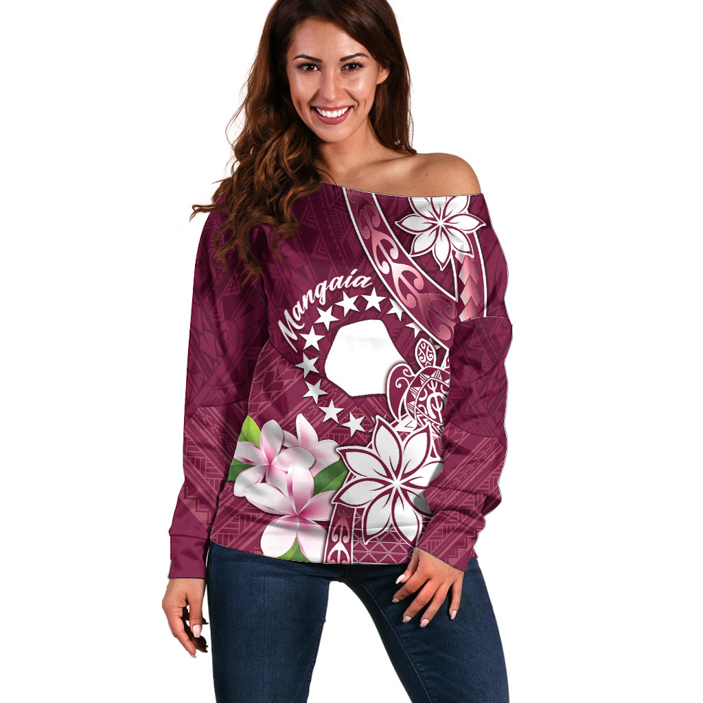 Personalised Cook Island Mangaia Gospel Day Off Shoulder Sweater Floral Tribal Pattern LT05 Women Maroon - Polynesian Pride