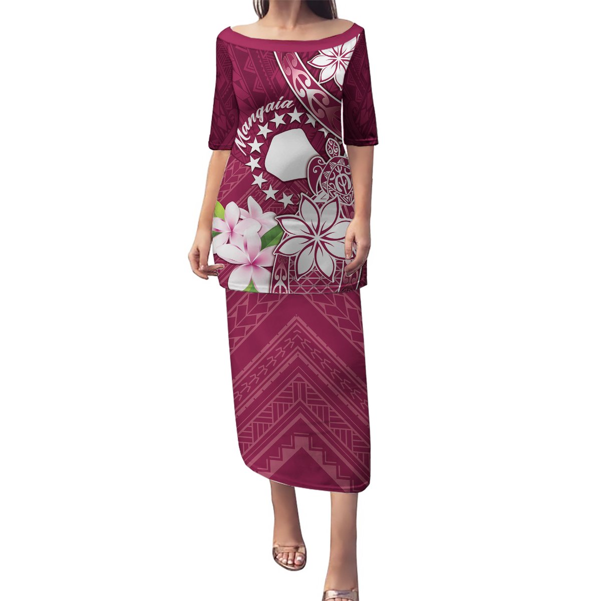 Personalised Cook Island Mangaia Gospel Day Puletasi Floral Tribal Pattern LT05 Long Dress Maroon - Polynesian Pride