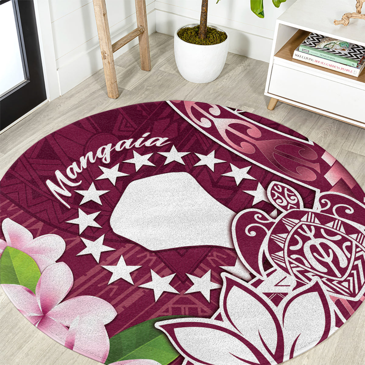 Cook Island Mangaia Gospel Day Round Carpet Floral Tribal Pattern LT05 Maroon - Polynesian Pride