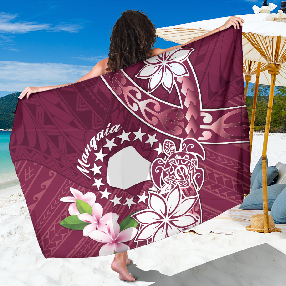 Cook Island Mangaia Gospel Day Sarong Floral Tribal Pattern LT05 One Size 44 x 66 inches Maroon - Polynesian Pride