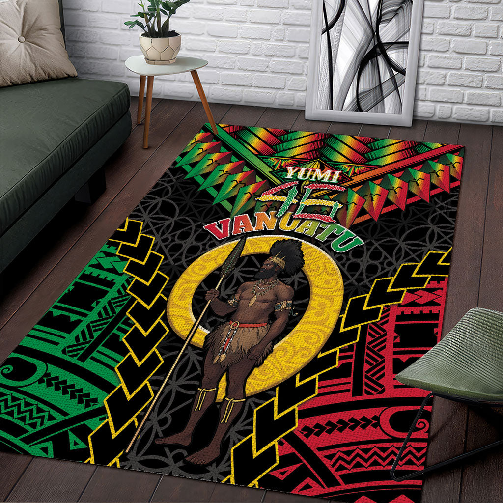 Vanuatu 46th Anniversary Independence Day Area Rug Melanesian Warrior With Sand Drawing Pattern LT05 Black - Polynesian Pride