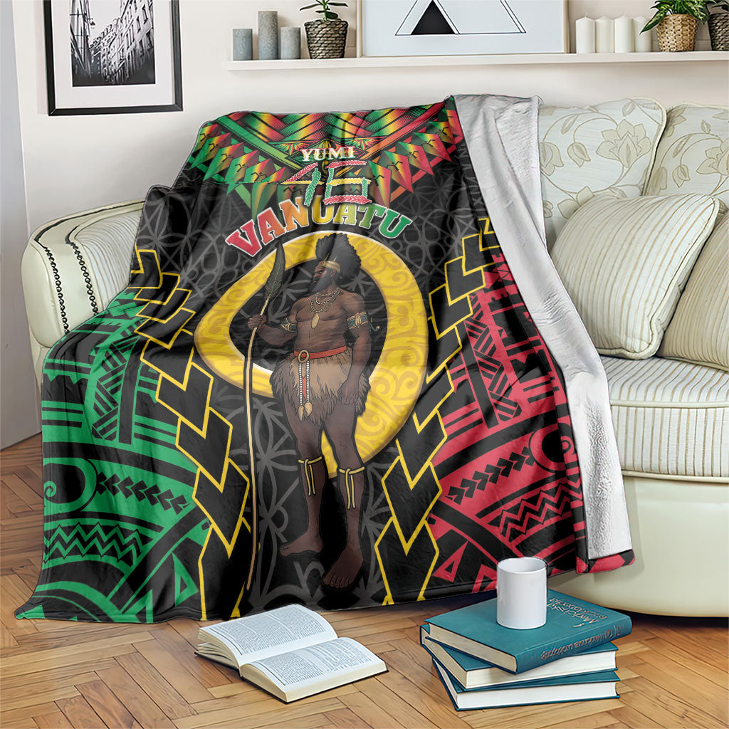 Vanuatu 46th Anniversary Independence Day Blanket Melanesian Warrior With Sand Drawing Pattern LT05 Black - Polynesian Pride