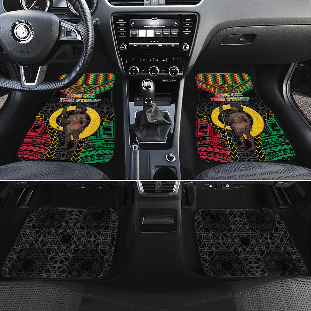 Vanuatu 46th Anniversary Independence Day Car Mats Melanesian Warrior With Sand Drawing Pattern LT05 Set 4pcs Black - Polynesian Pride