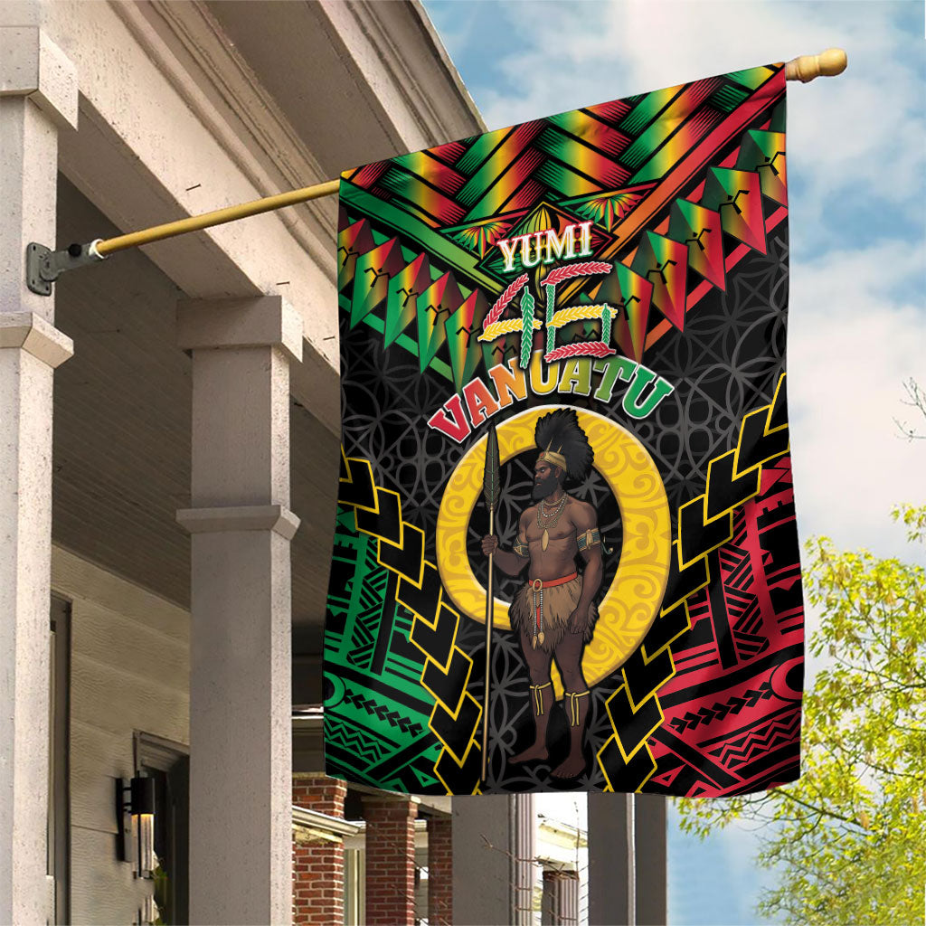 Vanuatu 46th Anniversary Independence Day Garden Flag Melanesian Warrior With Sand Drawing Pattern LT05 House Flag Black - Polynesian Pride