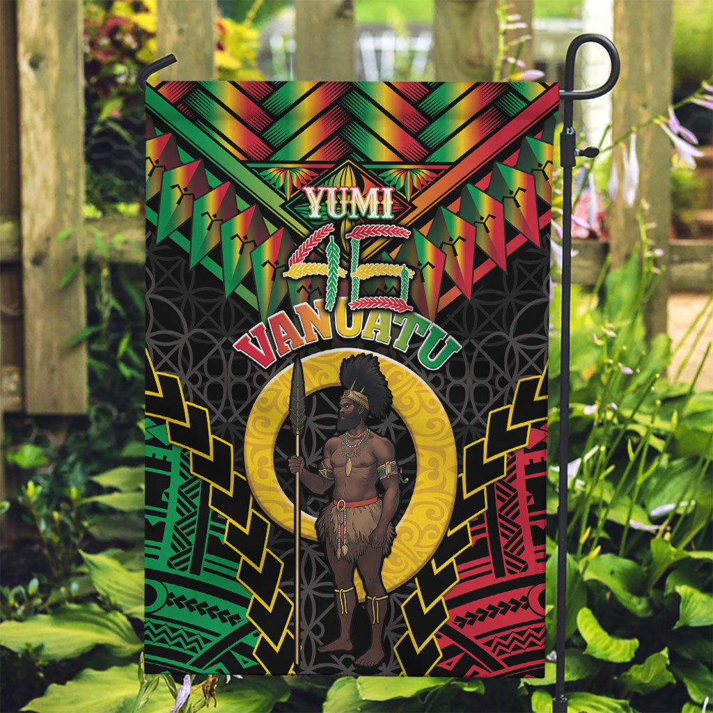 Vanuatu 46th Anniversary Independence Day Garden Flag Melanesian Warrior With Sand Drawing Pattern LT05 Garden Flag Black - Polynesian Pride