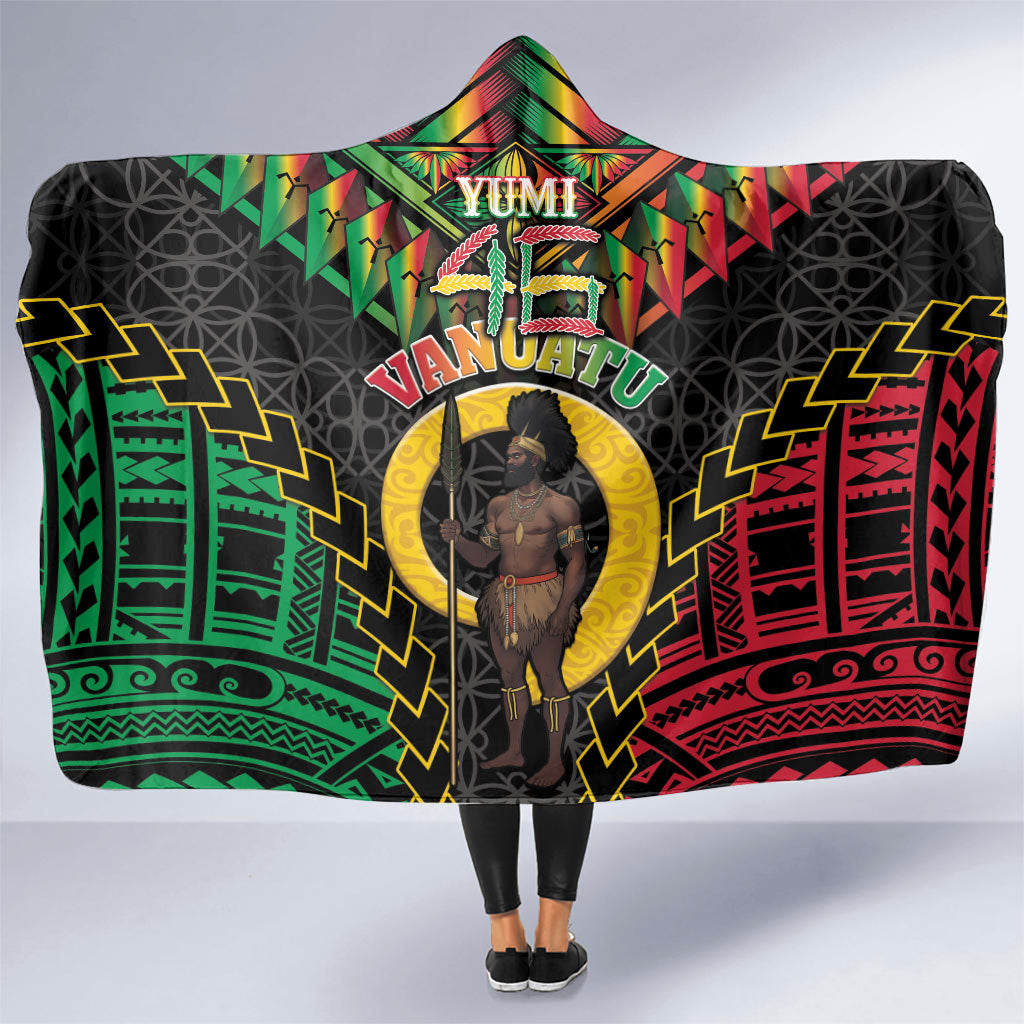 Vanuatu 46th Anniversary Independence Day Hooded Blanket Melanesian Warrior With Sand Drawing Pattern LT05 One Size Black - Polynesian Pride
