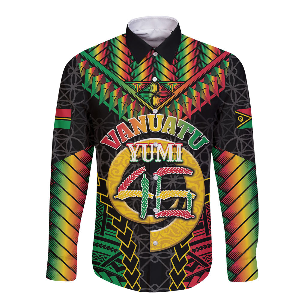Vanuatu 46th Anniversary Independence Day Long Sleeve Button Shirt Melanesian Warrior With Sand Drawing Pattern LT05 Unisex Black - Polynesian Pride