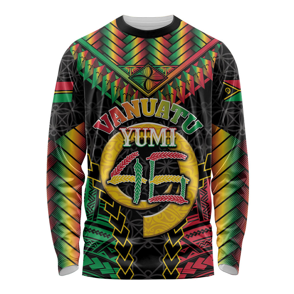 Vanuatu 46th Anniversary Independence Day Long Sleeve Shirt Melanesian Warrior With Sand Drawing Pattern LT05 Unisex Black - Polynesian Pride