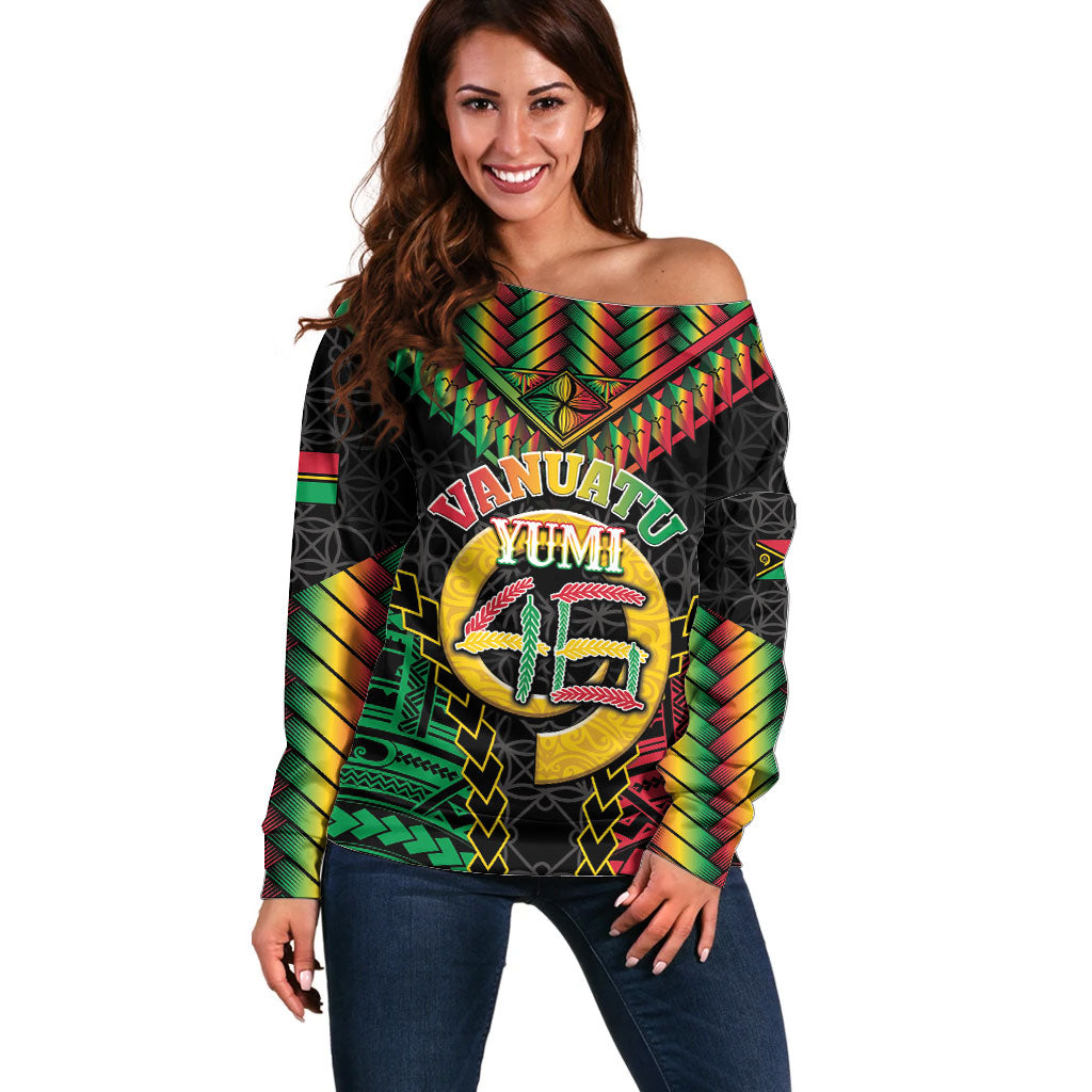 Vanuatu 46th Anniversary Independence Day Off Shoulder Sweater Melanesian Warrior With Sand Drawing Pattern LT05 Women Black - Polynesian Pride