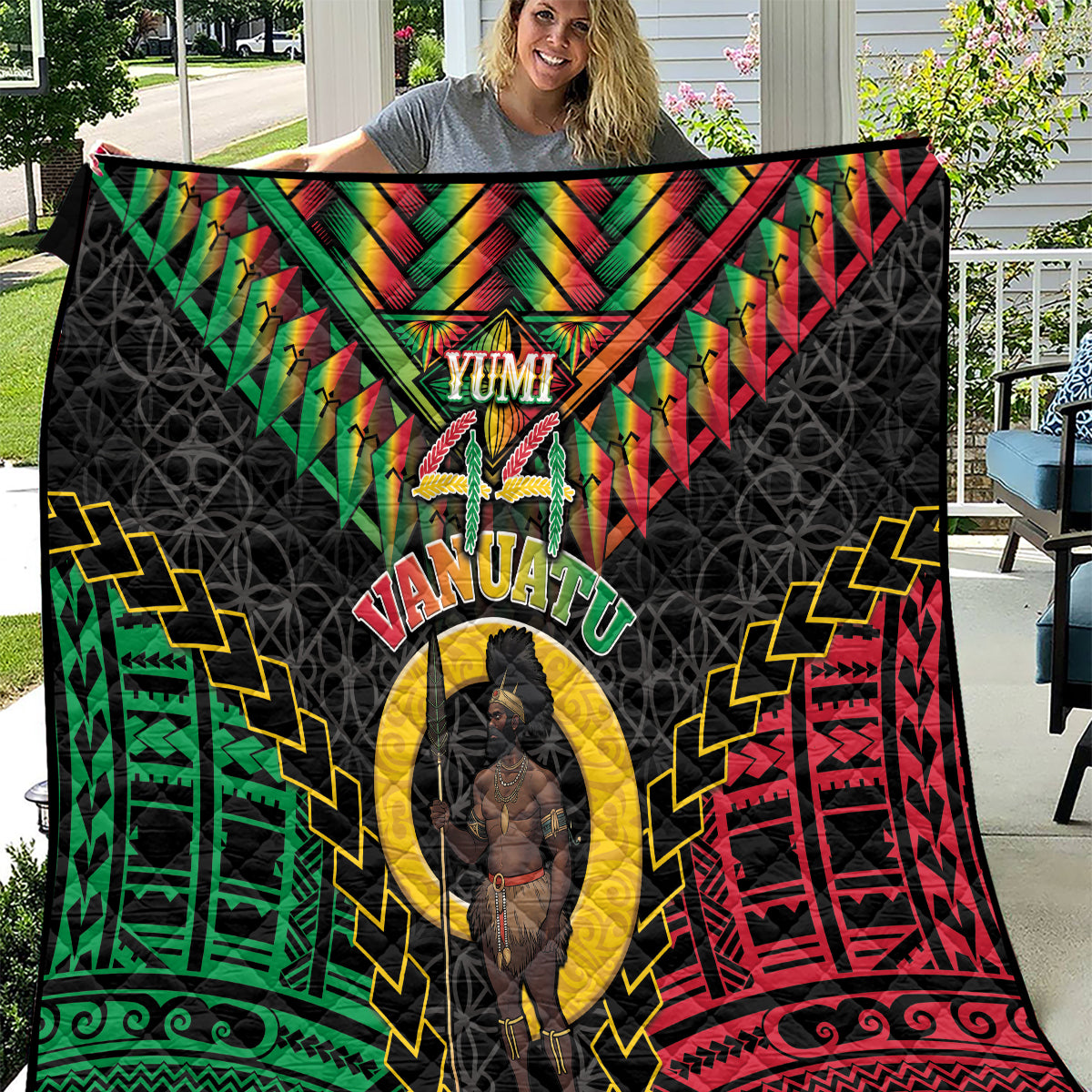 Vanuatu 44th Anniversary Independence Day Quilt Melanesian Warrior With Sand Drawing Pattern