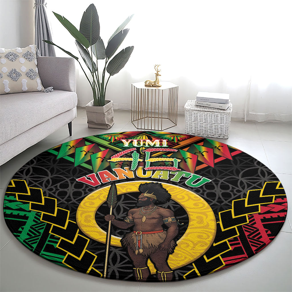 Vanuatu 46th Anniversary Independence Day Round Carpet Melanesian Warrior With Sand Drawing Pattern LT05 - Polynesian Pride