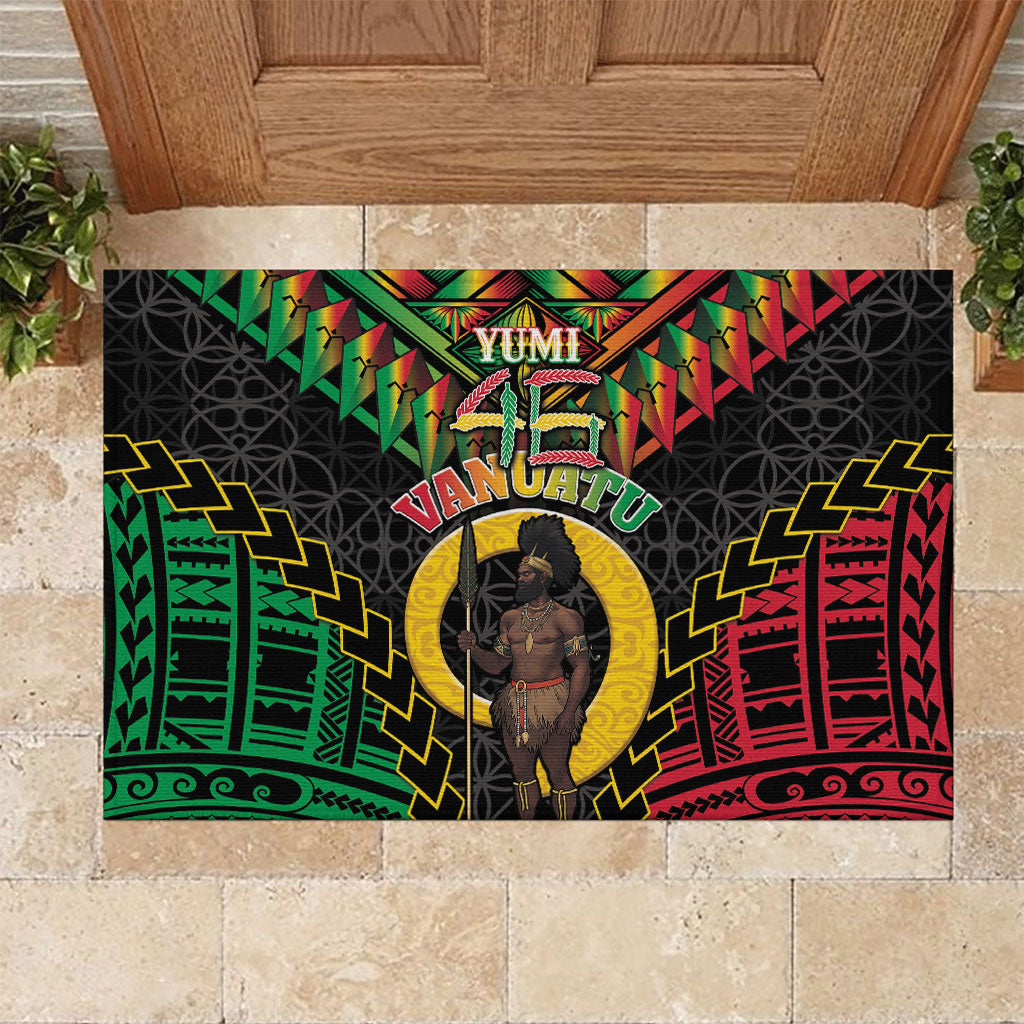 Vanuatu 46th Anniversary Independence Day Rubber Doormat Melanesian Warrior With Sand Drawing Pattern LT05 Black - Polynesian Pride