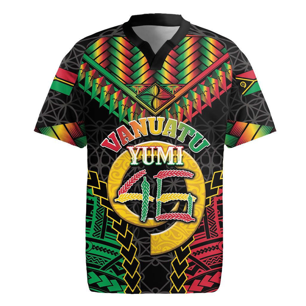 Vanuatu 46th Anniversary Independence Day Rugby Jersey Melanesian Warrior With Sand Drawing Pattern LT05 Black - Polynesian Pride