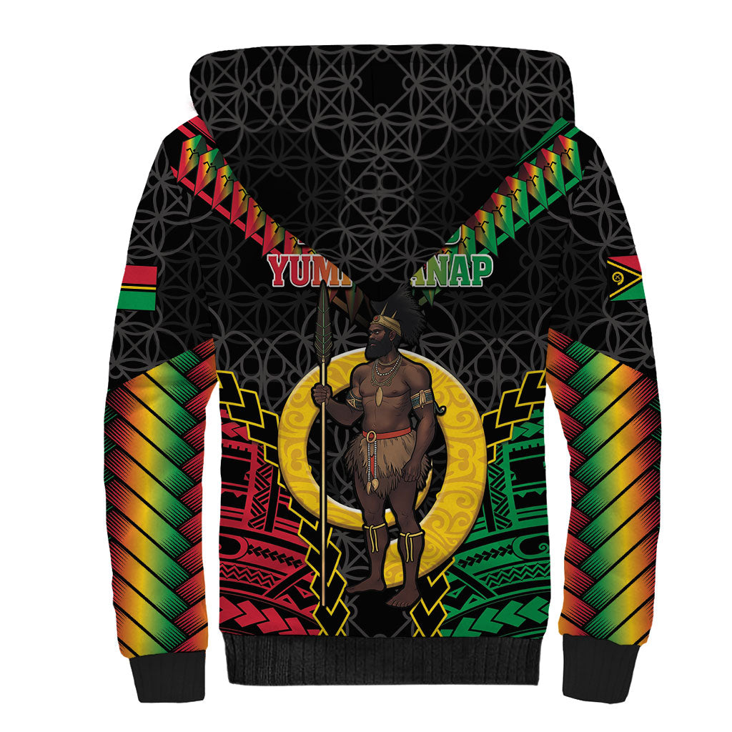 Vanuatu 46th Anniversary Independence Day Sherpa Hoodie Melanesian Warrior With Sand Drawing Pattern LT05 - Polynesian Pride