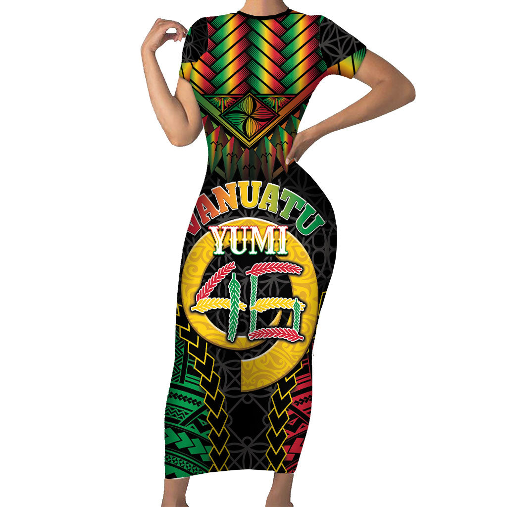 Vanuatu 46th Anniversary Independence Day Short Sleeve Bodycon Dress Melanesian Warrior With Sand Drawing Pattern LT05 Long Dress Black - Polynesian Pride