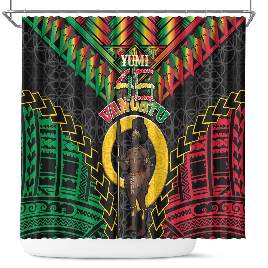 Vanuatu 46th Anniversary Independence Day Shower Curtain Melanesian Warrior With Sand Drawing Pattern LT05 Black - Polynesian Pride