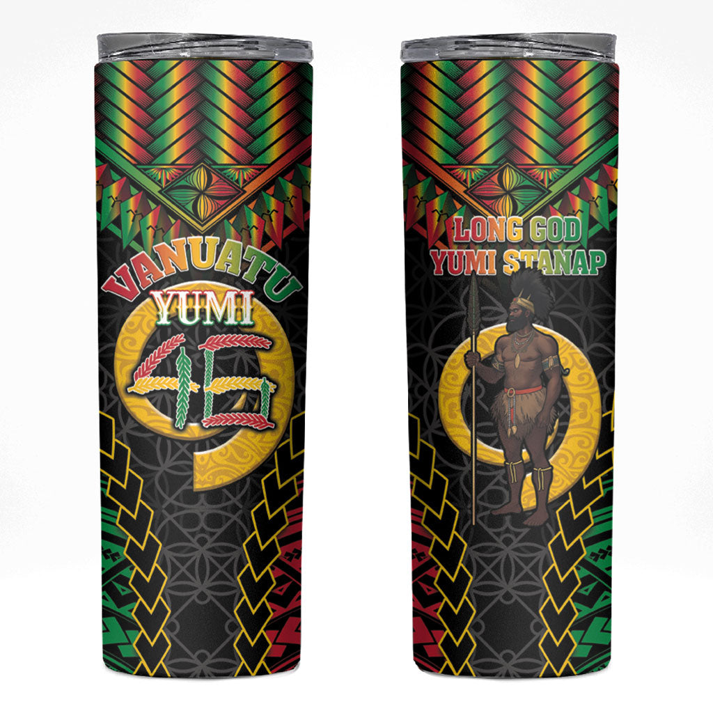 Vanuatu 46th Anniversary Independence Day Skinny Tumbler Melanesian Warrior With Sand Drawing Pattern LT05 Black - Polynesian Pride