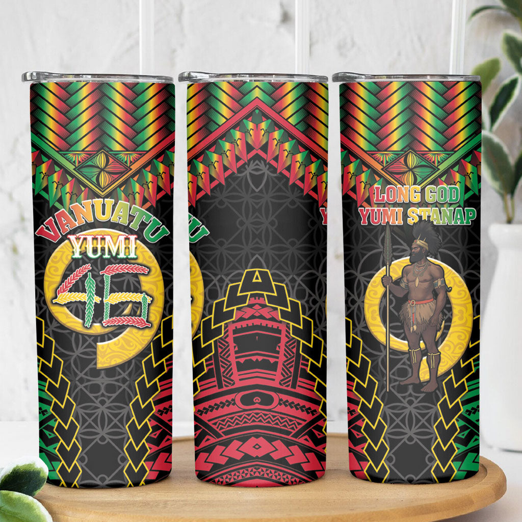 Vanuatu 46th Anniversary Independence Day Skinny Tumbler Melanesian Warrior With Sand Drawing Pattern LT05 - Polynesian Pride