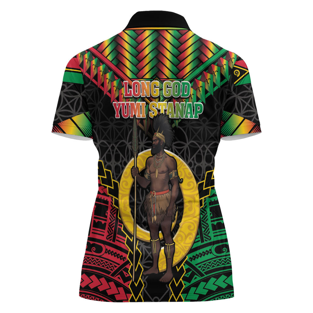 Vanuatu 46th Anniversary Independence Day Women Polo Shirt Melanesian Warrior With Sand Drawing Pattern LT05 - Polynesian Pride