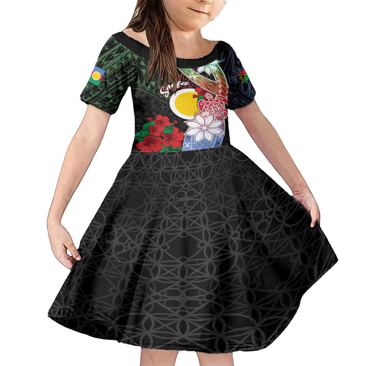 Personalised Vanuatu Shefa Day Kid Short Sleeve Dress Floral Pattern LT05 KID Black - Polynesian Pride
