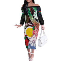 Personalised Vanuatu Shefa Day Off The Shoulder Long Sleeve Dress Floral Pattern LT05 Women Black - Polynesian Pride