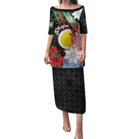 Personalised Vanuatu Shefa Day Puletasi Floral Pattern LT05 Long Dress Black - Polynesian Pride