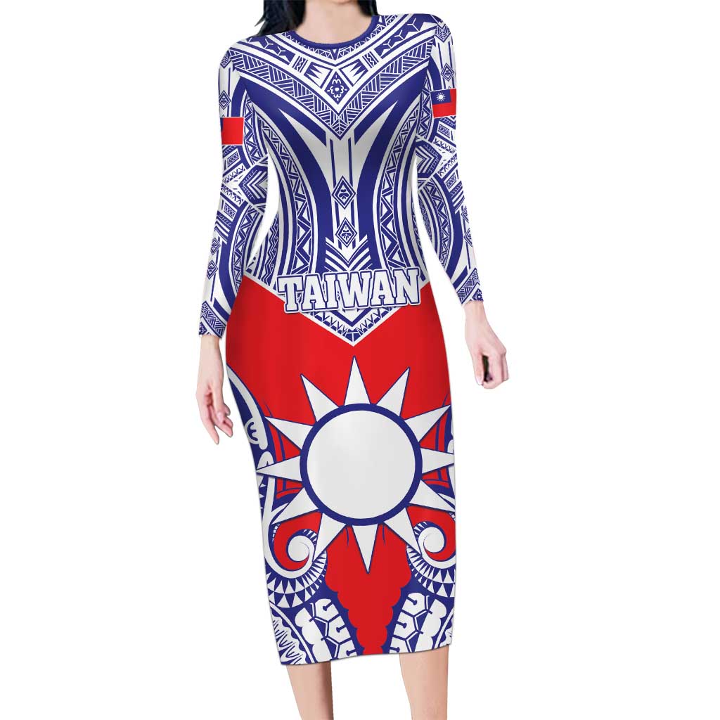 Personalised Taiwan Long Sleeve Bodycon Dress Austronesian Tribal Tattoo Red LT05 Long Dress Red - Polynesian Pride