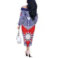 Personalised Taiwan Off The Shoulder Long Sleeve Dress Austronesian Tribal Tattoo Red LT05 - Polynesian Pride