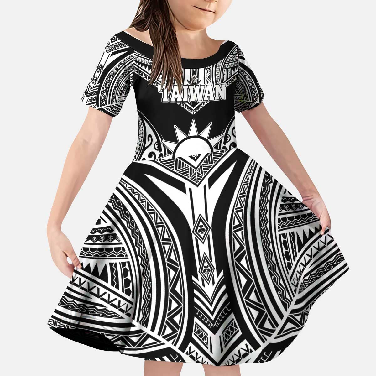 Personalised Taiwan Kid Short Sleeve Dress Austronesian Tribal Tattoo Black LT05 KID Black - Polynesian Pride