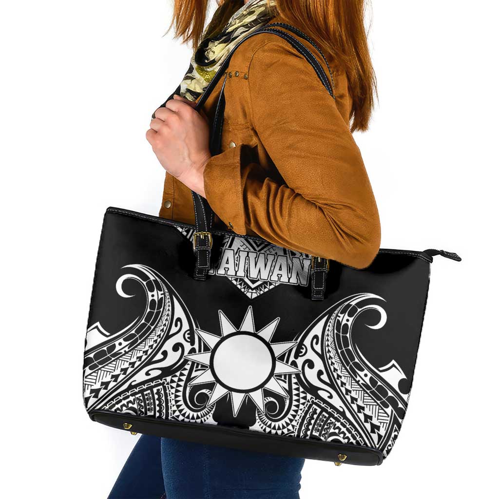 Taiwan Leather Tote Bag Austronesian Tribal Tattoo Black LT05 Black - Polynesian Pride
