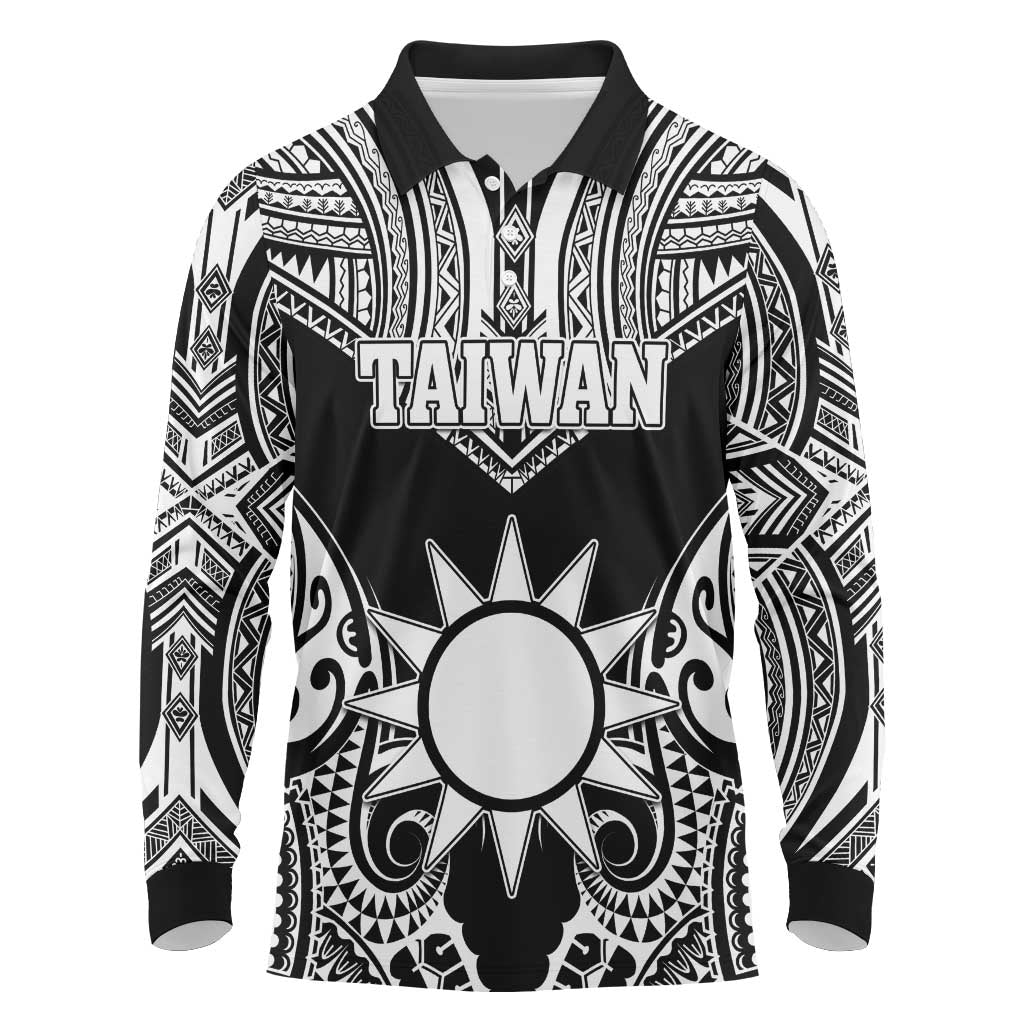 Personalised Taiwan Long Sleeve Polo Shirt Austronesian Tribal Tattoo Black LT05 Black - Polynesian Pride