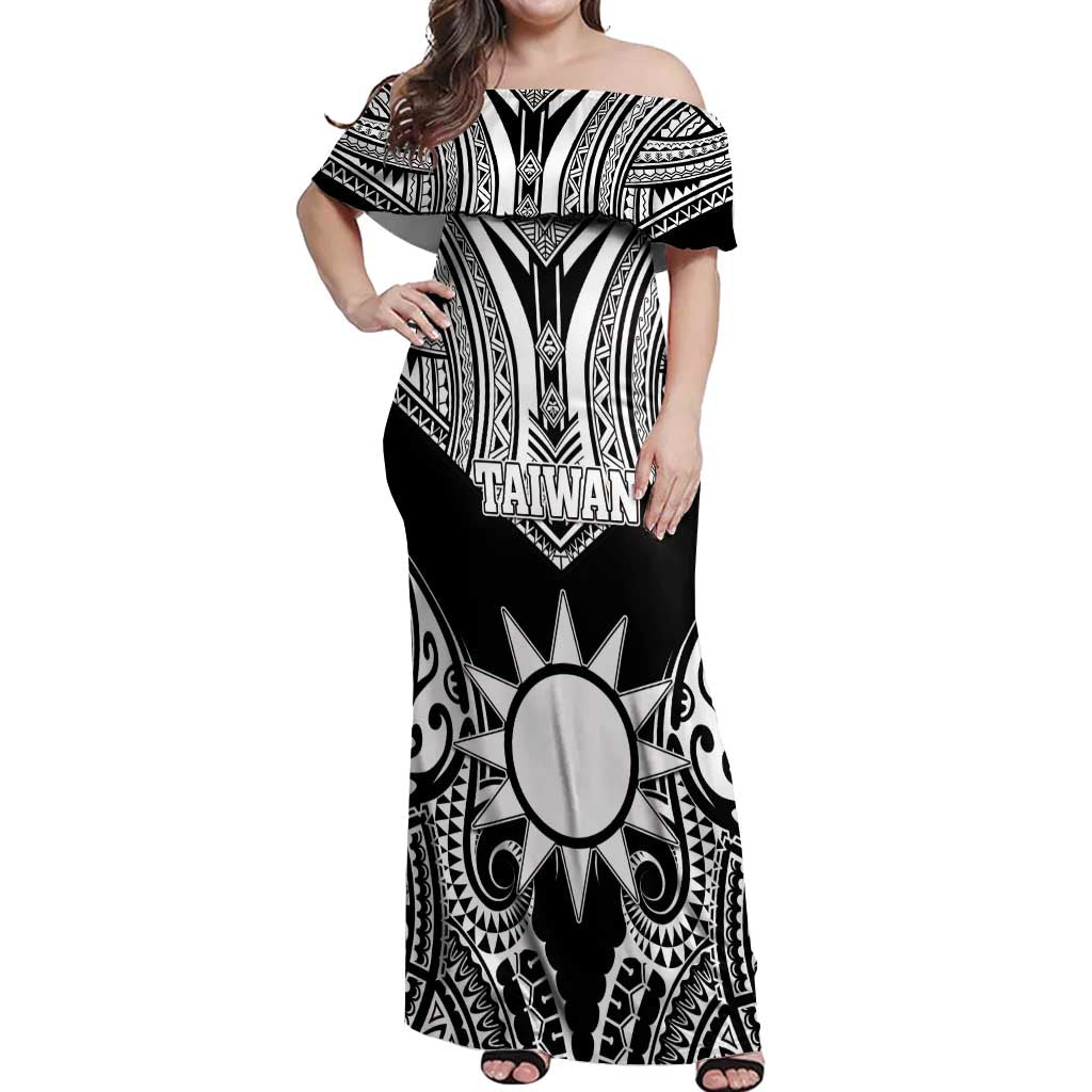 Personalised Taiwan Off Shoulder Maxi Dress Austronesian Tribal Tattoo Black LT05 Women Black - Polynesian Pride