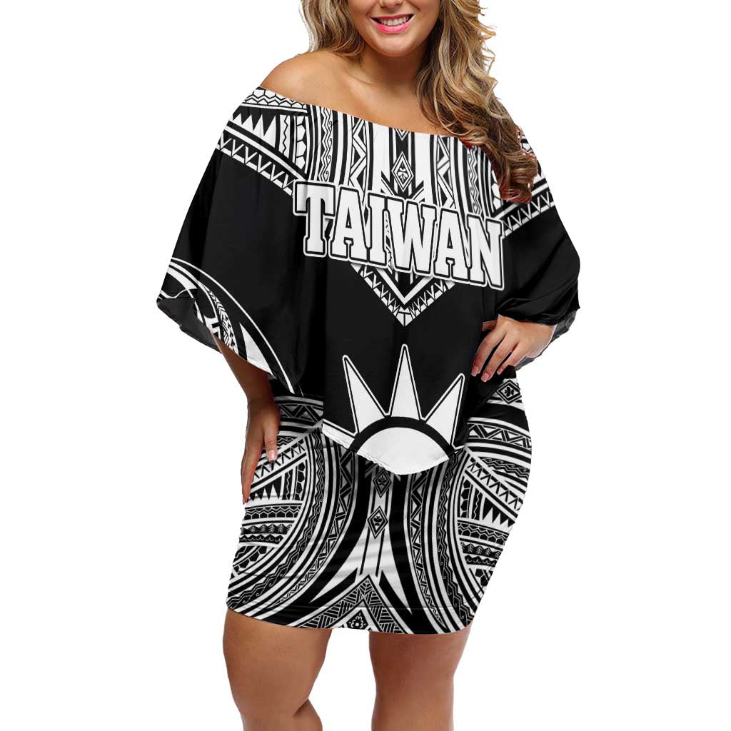Personalised Taiwan Off Shoulder Short Dress Austronesian Tribal Tattoo Black LT05 Women Black - Polynesian Pride