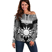 Personalised Taiwan Off Shoulder Sweater Austronesian Tribal Tattoo Black LT05 Women Black - Polynesian Pride