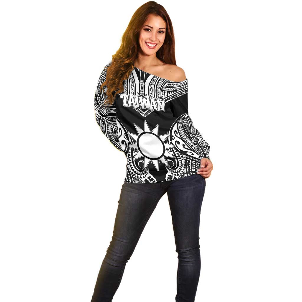 Personalised Taiwan Off Shoulder Sweater Austronesian Tribal Tattoo Black LT05 - Polynesian Pride