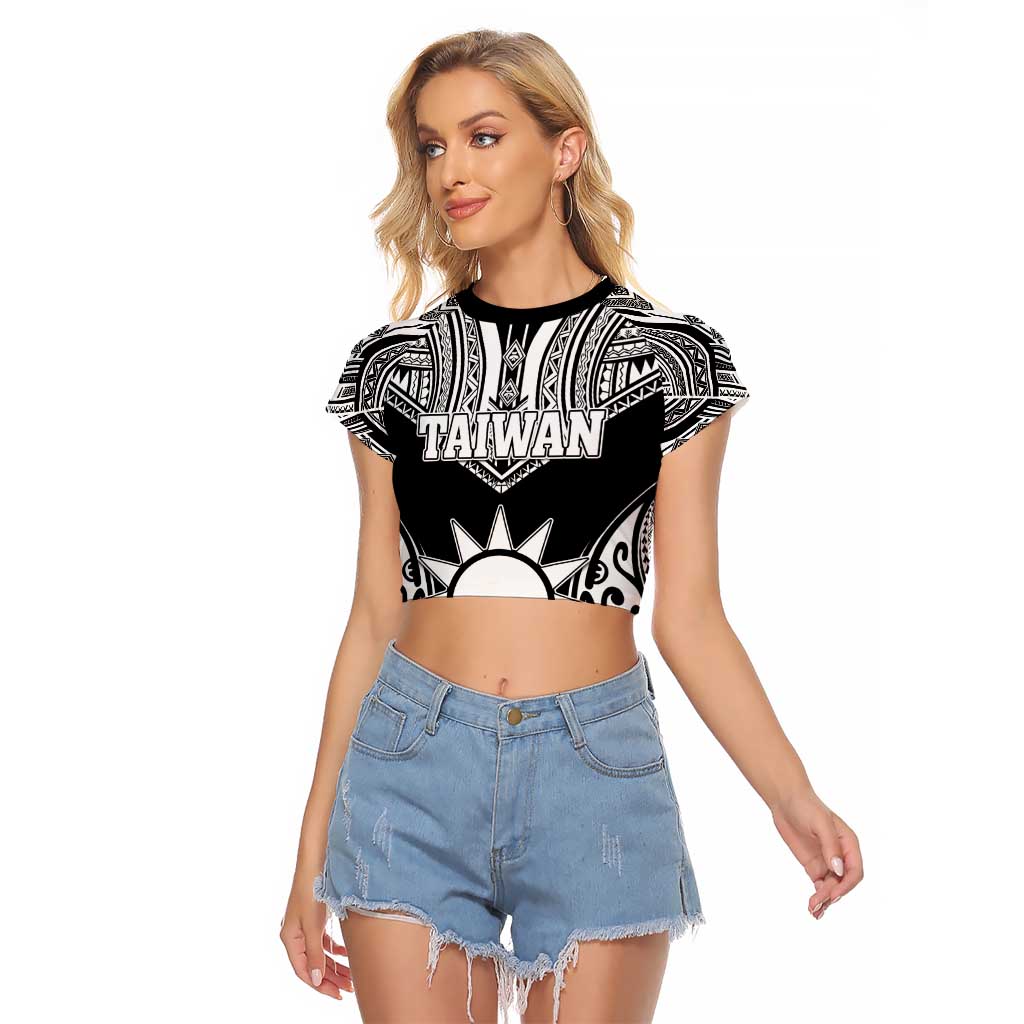 Personalised Taiwan Raglan Cropped T Shirt Austronesian Tribal Tattoo Black LT05 Female Black - Polynesian Pride