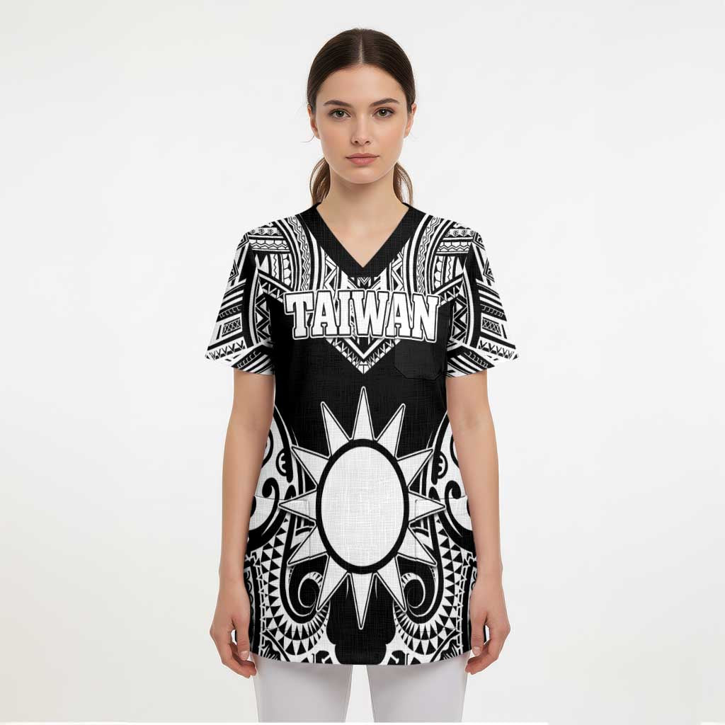 Personalised Taiwan Scrub Top Austronesian Tribal Tattoo Black LT05 - Polynesian Pride