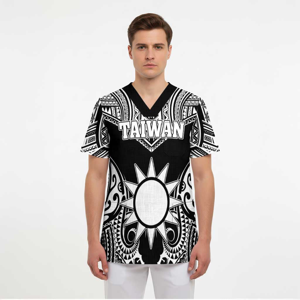 Personalised Taiwan Scrub Top Austronesian Tribal Tattoo Black LT05 - Polynesian Pride