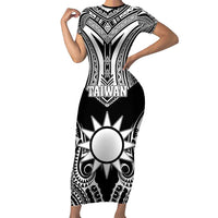 Personalised Taiwan Short Sleeve Bodycon Dress Austronesian Tribal Tattoo Black LT05 Long Dress Black - Polynesian Pride