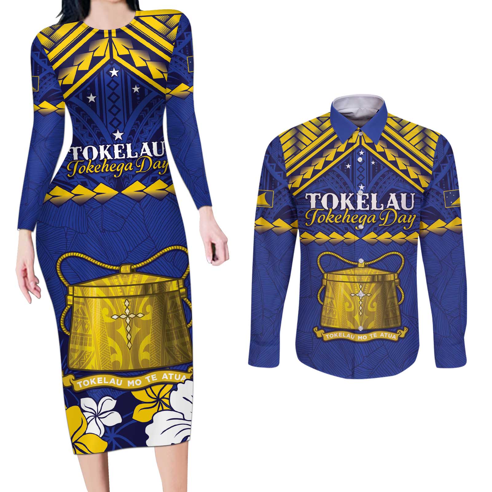 Personalised Tokelau Happy Tokehega Day Couples Matching Long Sleeve Bodycon Dress and Long Sleeve Button Shirt Polynesian Tribal Tattoo