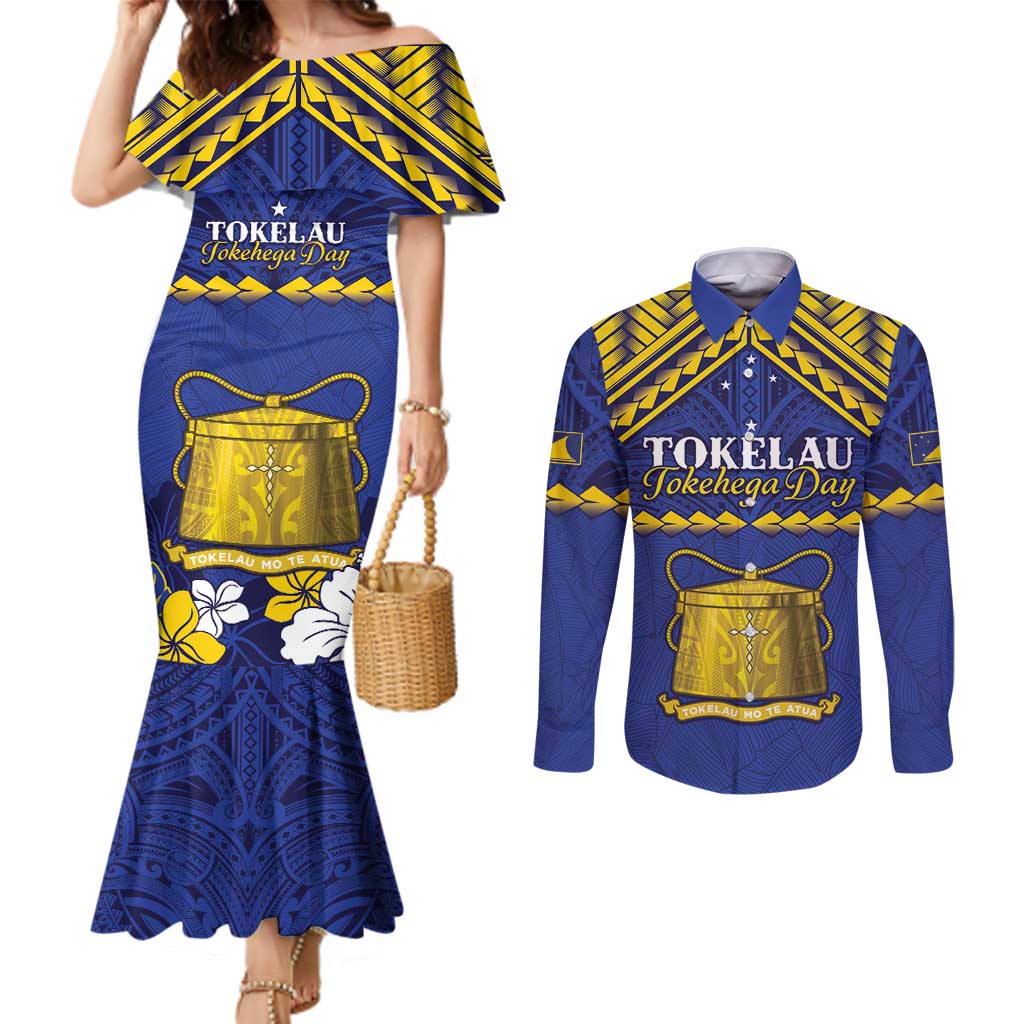 Personalised Tokelau Happy Tokehega Day Couples Matching Mermaid Dress and Long Sleeve Button Shirt Polynesian Tribal Tattoo