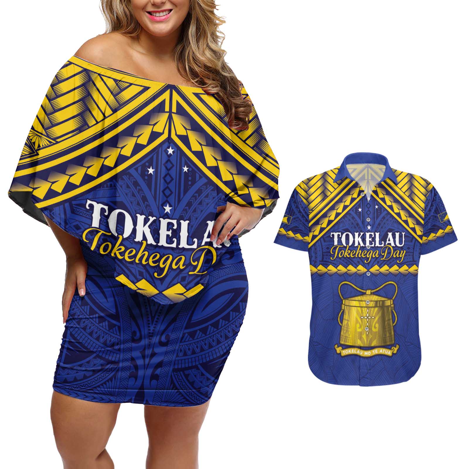 Personalised Tokelau Happy Tokehega Day Couples Matching Off Shoulder Short Dress and Hawaiian Shirt Polynesian Tribal Tattoo