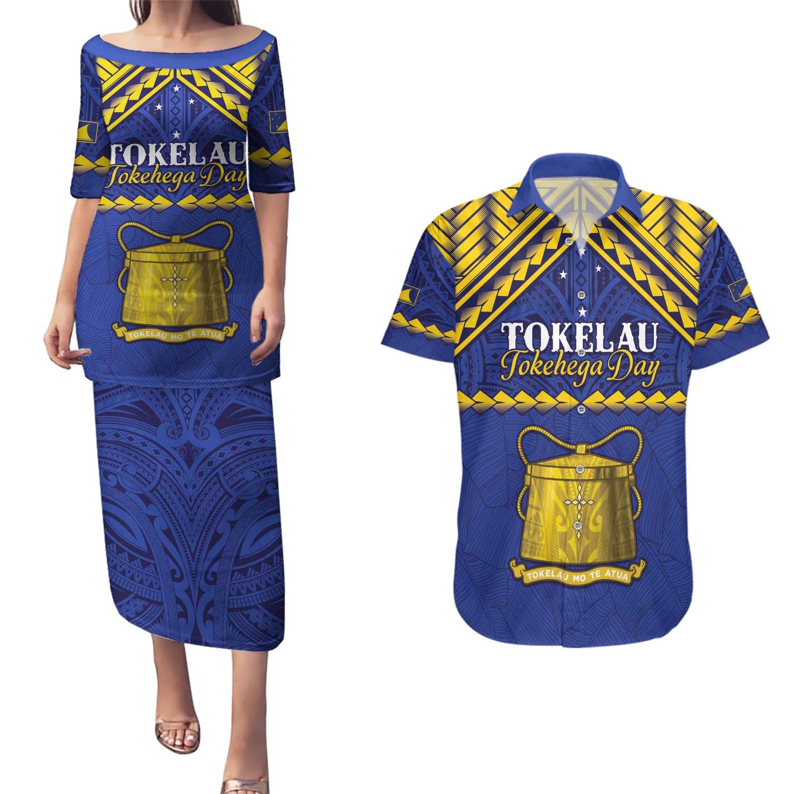 Personalised Tokelau Happy Tokehega Day Couples Matching Puletasi and Hawaiian Shirt Polynesian Tribal Tattoo