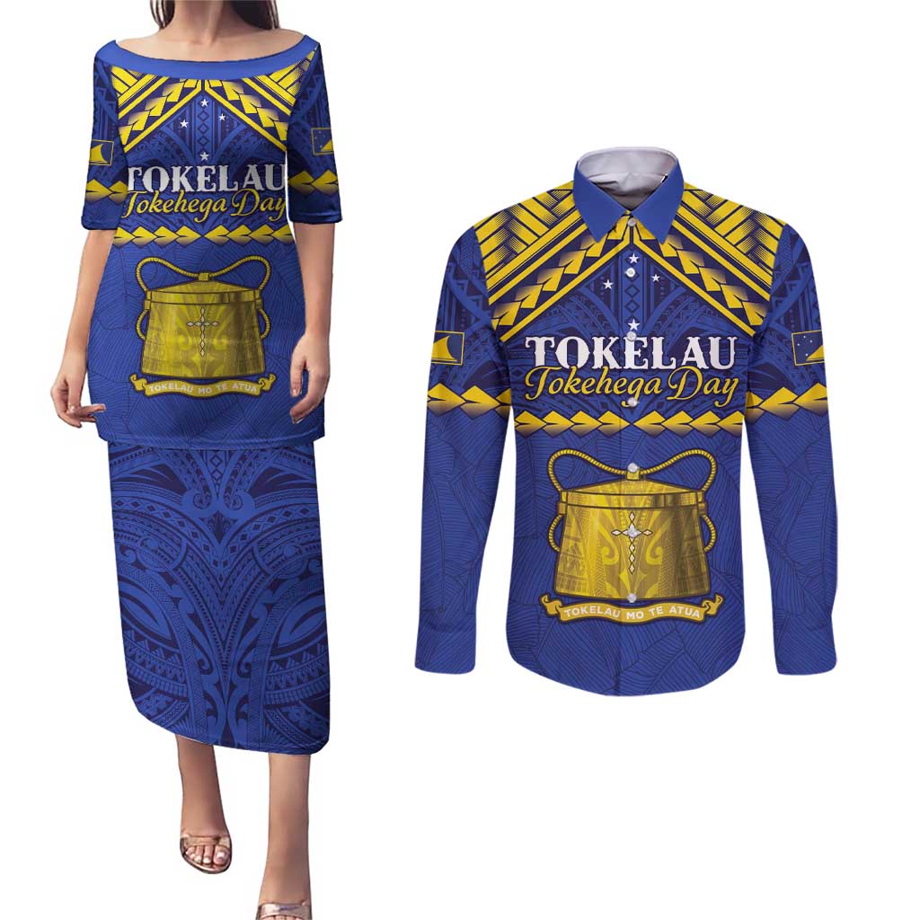 Personalised Tokelau Happy Tokehega Day Couples Matching Puletasi and Long Sleeve Button Shirt Polynesian Tribal Tattoo