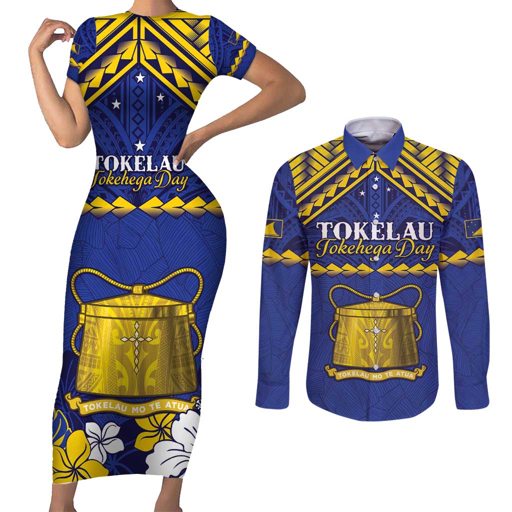 Personalised Tokelau Happy Tokehega Day Couples Matching Short Sleeve Bodycon Dress and Long Sleeve Button Shirt Polynesian Tribal Tattoo