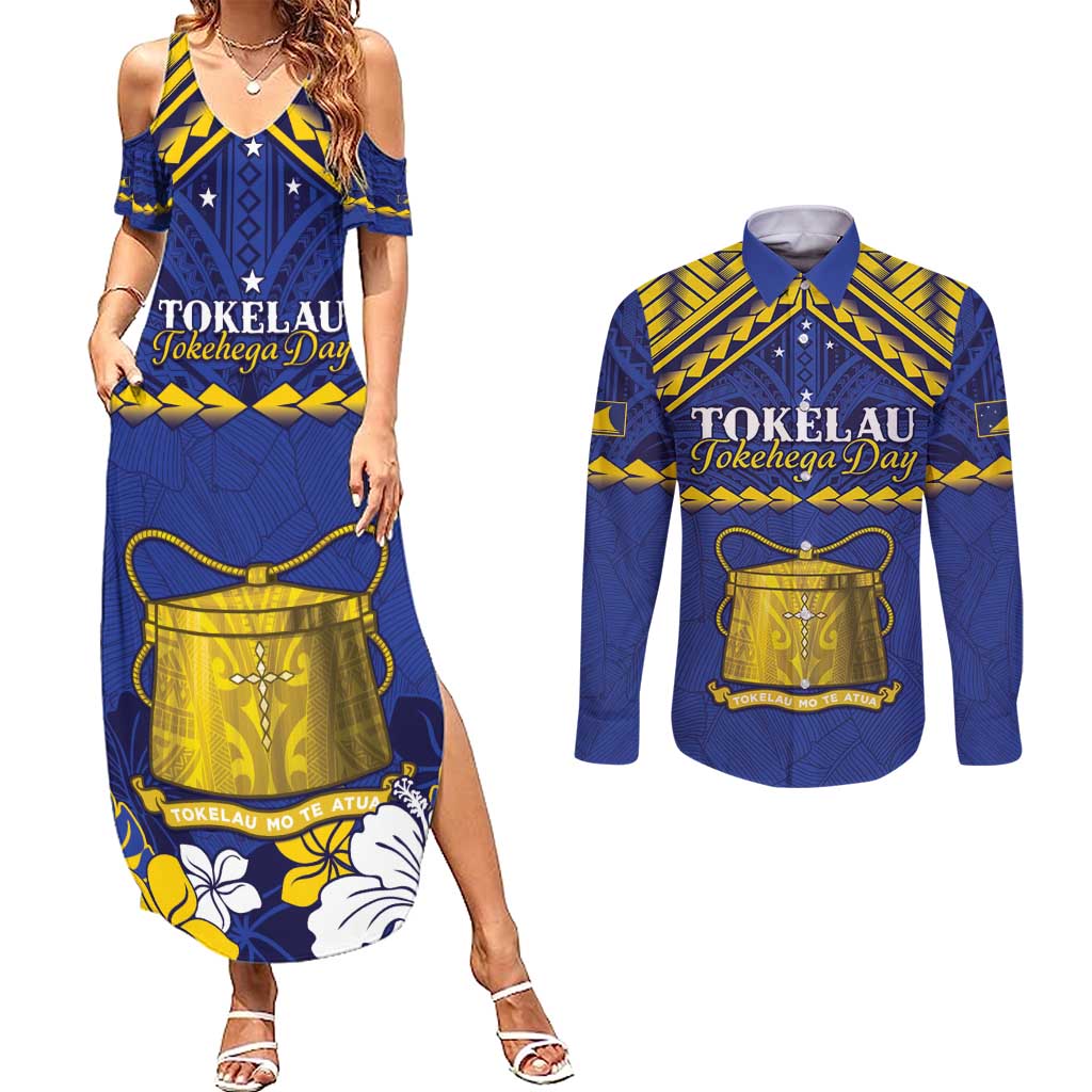 Personalised Tokelau Happy Tokehega Day Couples Matching Summer Maxi Dress and Long Sleeve Button Shirt Polynesian Tribal Tattoo