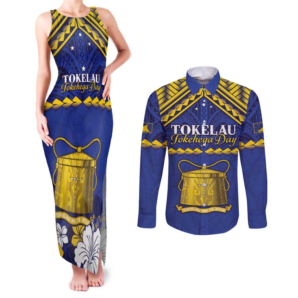 Personalised Tokelau Happy Tokehega Day Couples Matching Tank Maxi Dress and Long Sleeve Button Shirt Polynesian Tribal Tattoo