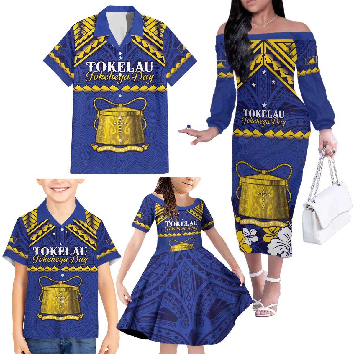 Personalised Tokelau Happy Tokehega Day Family Matching Off The Shoulder Long Sleeve Dress and Hawaiian Shirt Polynesian Tribal Tattoo